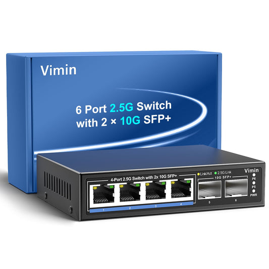6 Port 2.5G Unmanaged Network Switch, VIMIN 4X 2.5Gbase-T Ports, 2X 10G SFP+ Port, 60Gbps Switching Capacity, IEEE802.3, Metal Housing, Fanless, suitable for 2.5Gbps NAS, Wireless AP & PC.