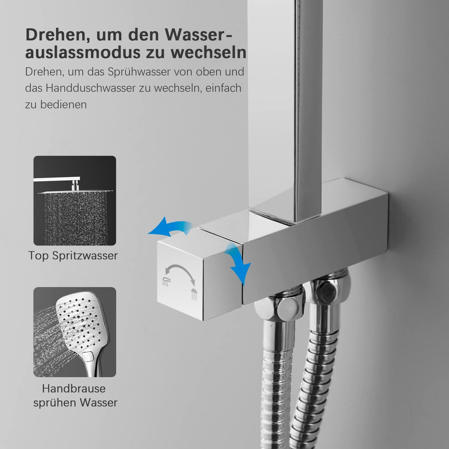 KOMIRO shower system without faucet, rain shower without faucet, shower set with 30x30cm shower head, hand shower with 3 spray modes, stainless steel height-adjustable shower bar, square.