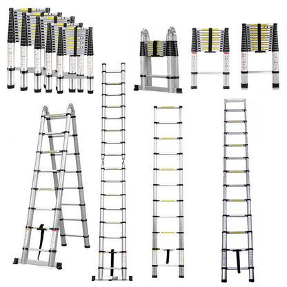 5m telescopic ladder, aluminum, 150kg capacity, EN131 certified. Folding attic ladder with non-slip rubber feet.