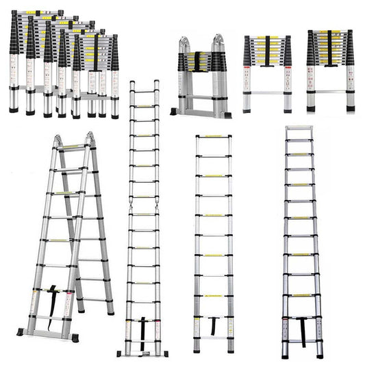 5m telescopic ladder, aluminum, 150kg capacity, EN131 certified. Folding attic ladder with non-slip rubber feet.