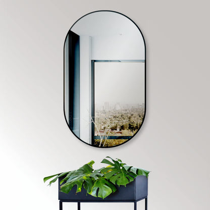HOKO Design wall mirror oval 50 x 90 cm with metal frame matte black. Vertical and horizontal mounting possible. Oval mirror for bathroom, hallway, and bedroom. Mirror for living room, dining room.