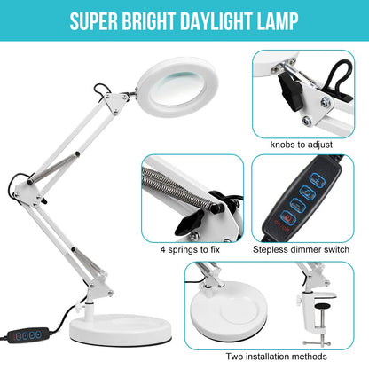 LED magnifying lamp, workplace light, 8 diopter magnifier with light - with clamp & stand, swivel arm, dimmable, 3 color modes, magnifier for reading, crafting - 8x magnification (white)