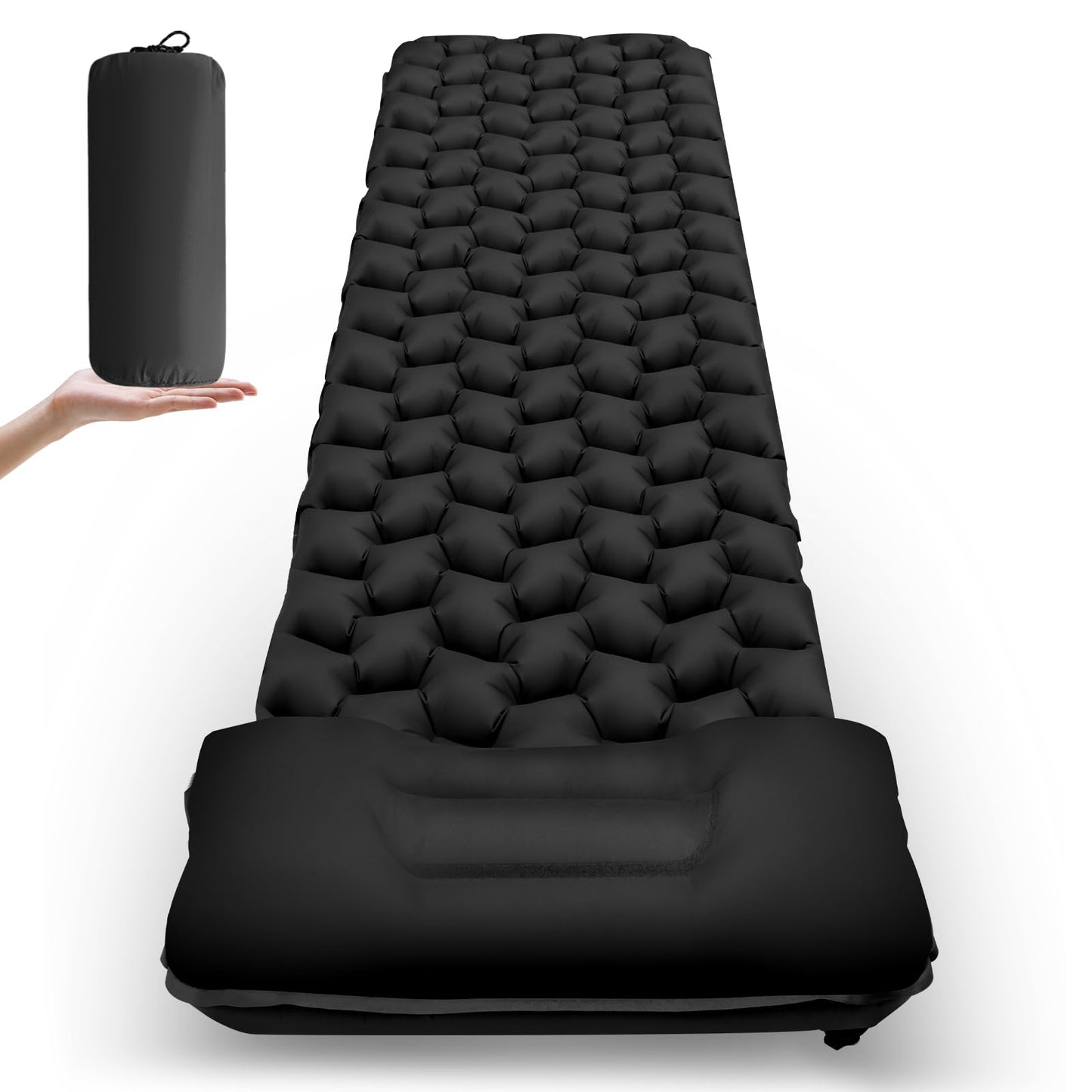 Sundom sleeping pad for camping, ultralight inflatable sleeping pad with pillow, waterproof and moisture-resistant camping air mattress, for camping hiking traveling backpacking black
