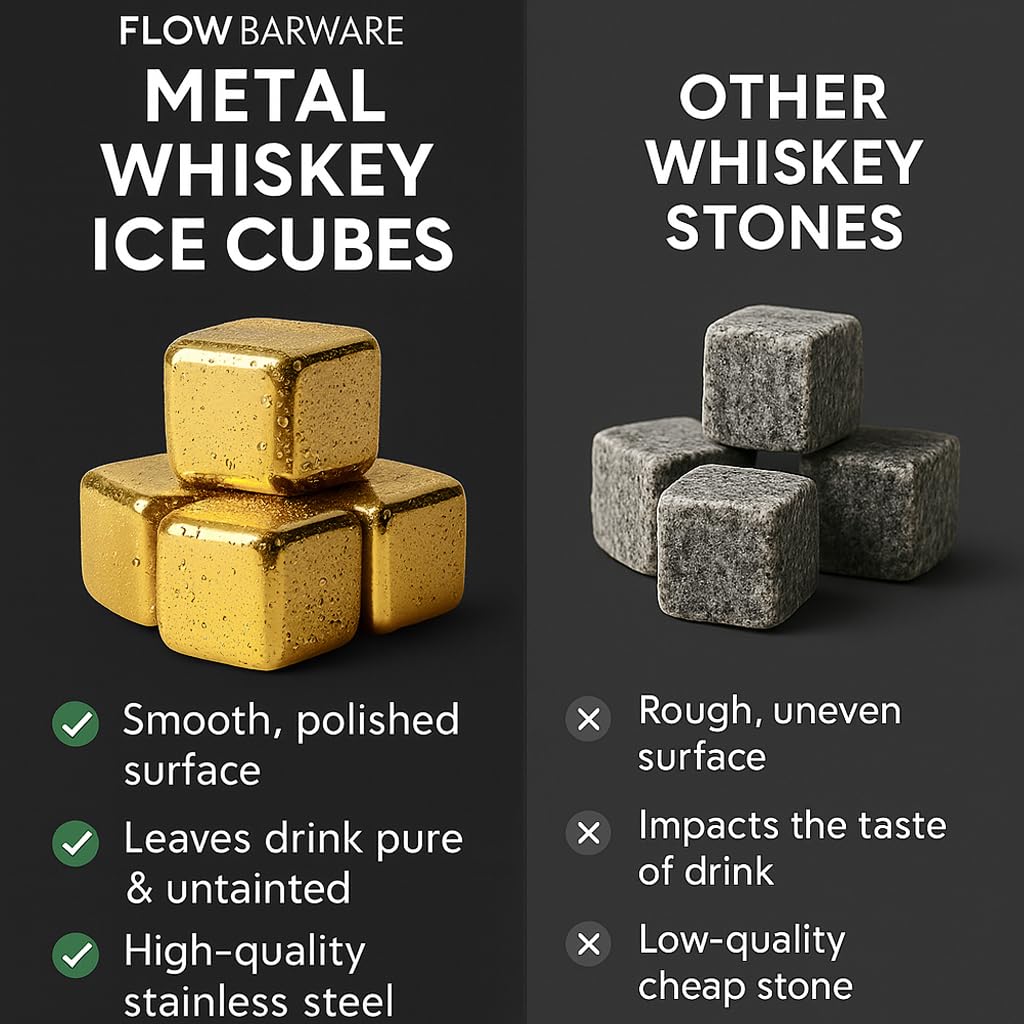 FLOW Barware Gold Whiskey Stones, gift set with ice tongs and storage bag, reusable metal ice cubes, prevent dilution of whiskey, rum, brandy, wine and gin drinks.