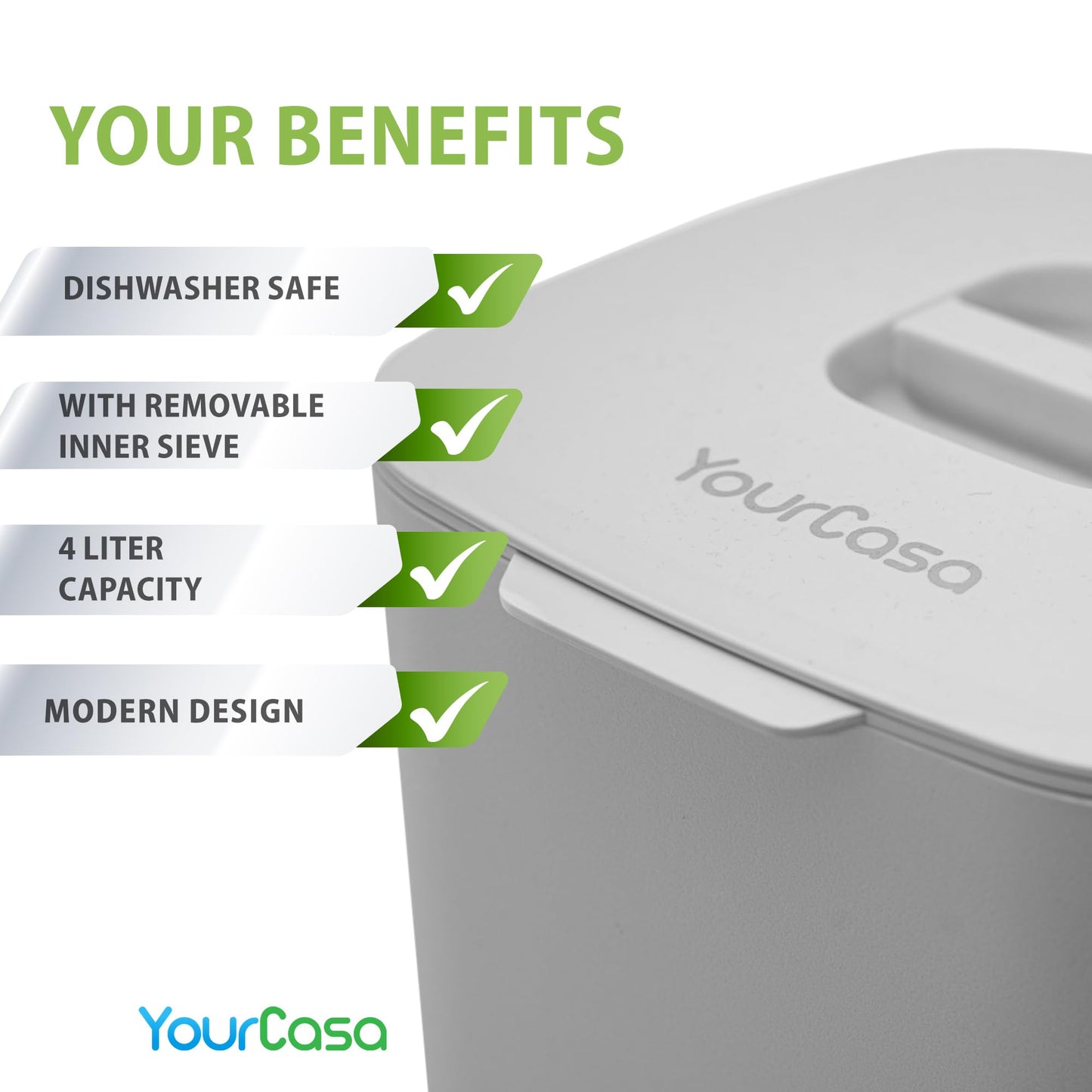 YourCasa kitchen compost bin - 4L - for everyday organic waste - dishwasher safe - odor-proof - sieve - small bio bin with lid organic waste container bio bin (4L Gray)