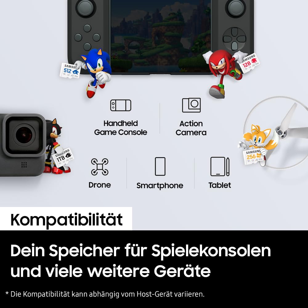 Samsung Sonic the Hedgehog(TM) microSD card + SD adapter, 512GB storage, UHS-I U3, Full HD & 4K UHD, 180MB/s read, 130MB/s write, data storage for handheld consoles, MB-MD512SA/LC1