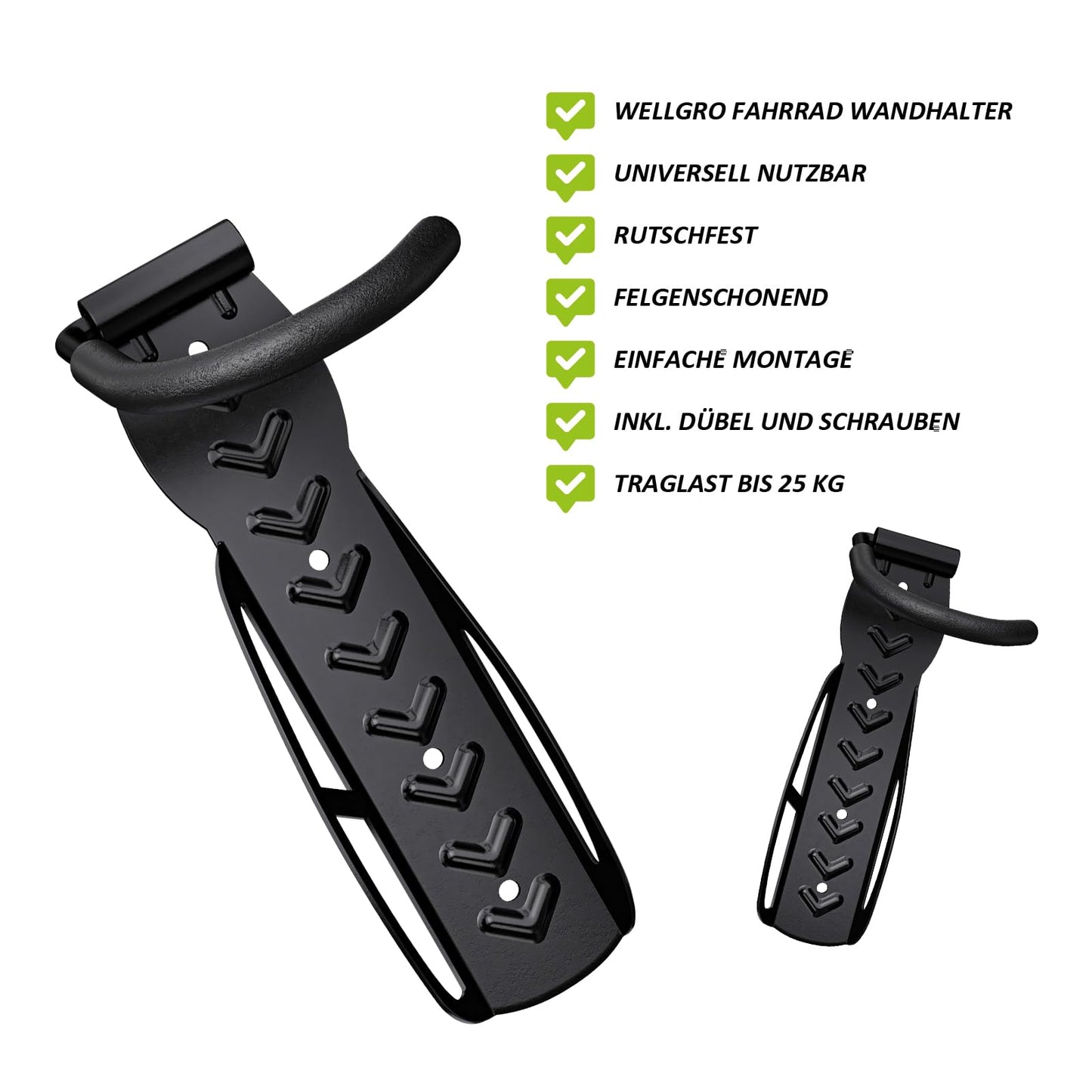 4 x WELLGRO Wall Bike Holder - Steel Bike Wall Mount - Bike Hooks - Bike Stand - Stand - Color selectable, Color: Black