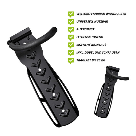 4 x WELLGRO Wall Bike Holder - Steel Bike Wall Mount - Bike Hooks - Bike Stand - Stand - Color selectable, Color: Black