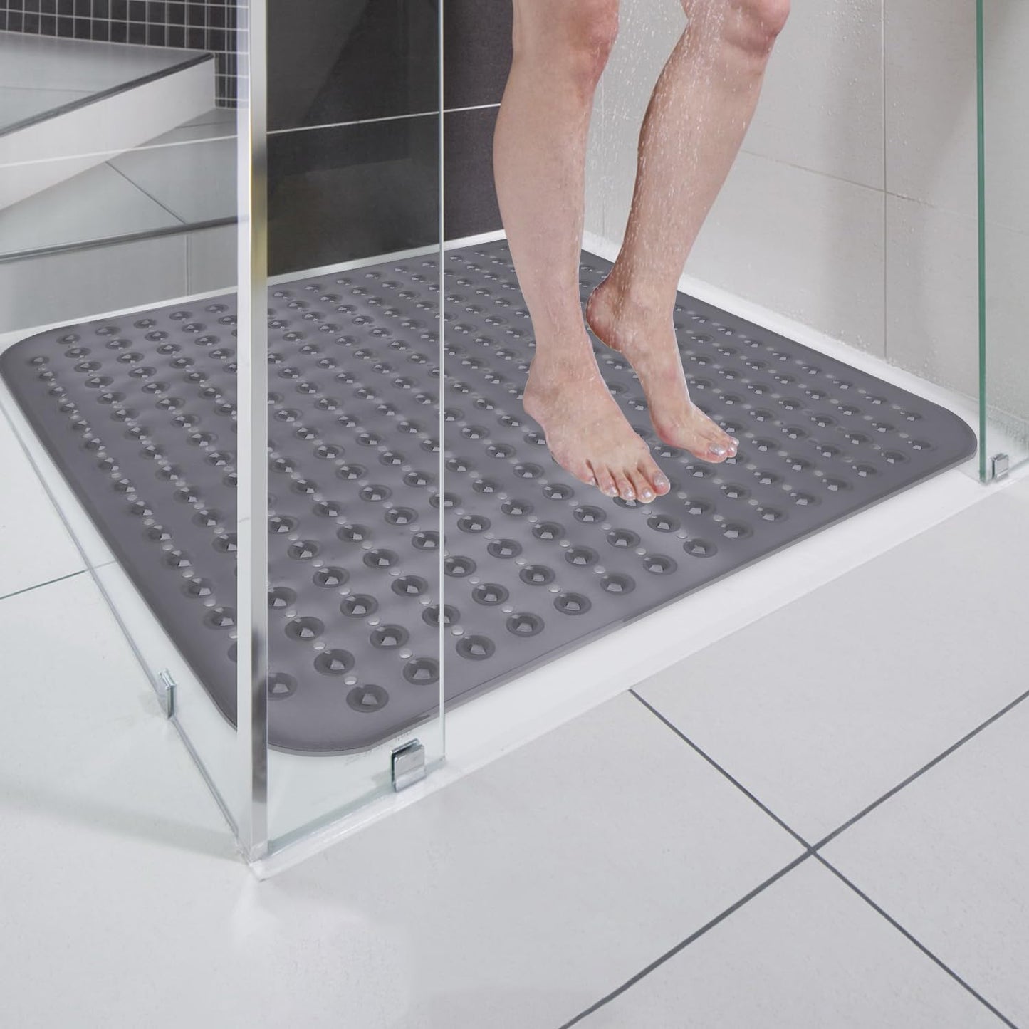 Leeko 80x80cm shower mats, non-slip bath mat with 285 suction cups and drainage holes, PVC material BPA free shower mat, mold-resistant, machine washable anti-slip bath mat (Grey)
