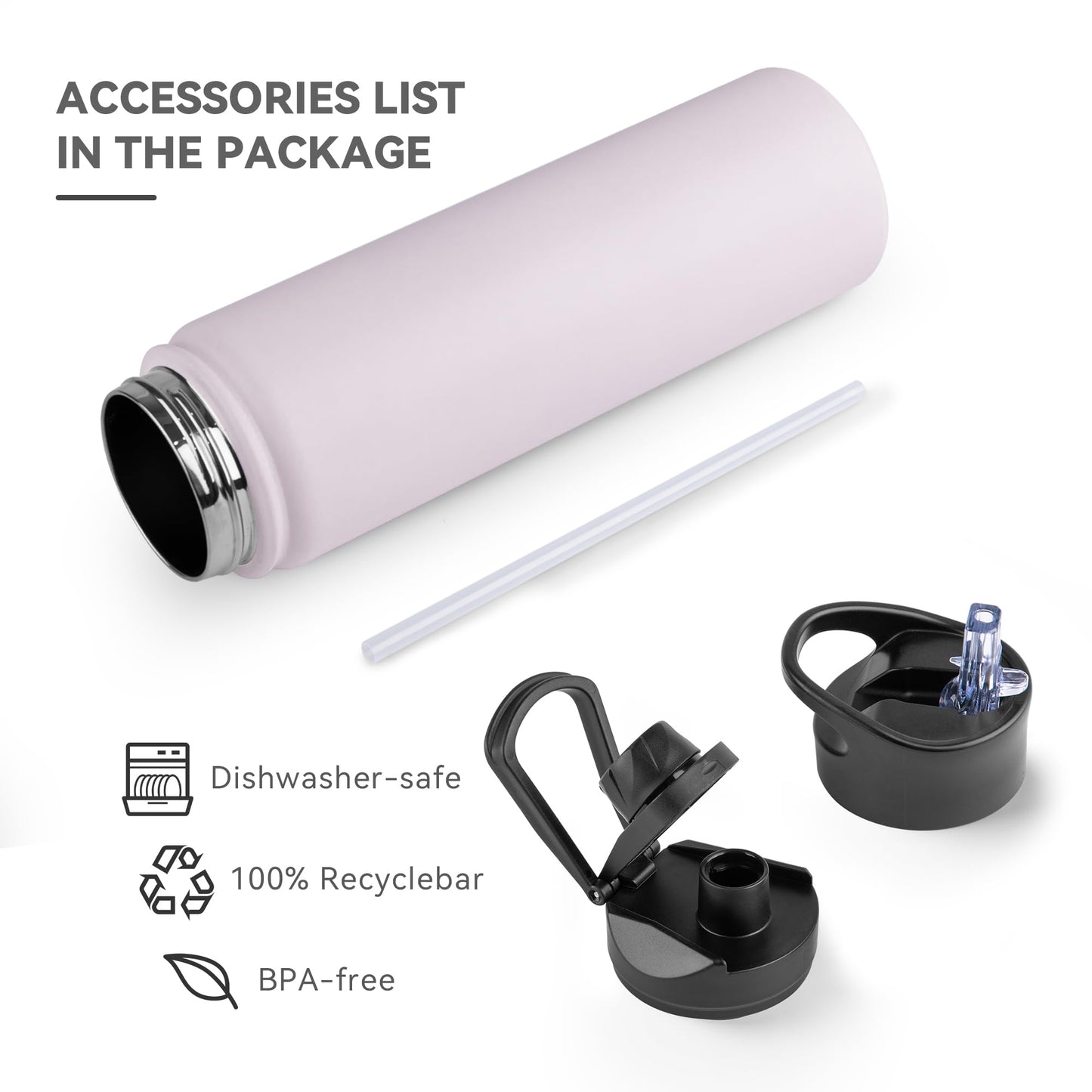 UMBFUN stainless steel water bottle - 750ml - with straw, leak-proof, suitable for carbonated drinks, BPA free thermos bottle (+2 lids) Vacuum double-wall insulation for sports, travel, camping, school, bike, gym.