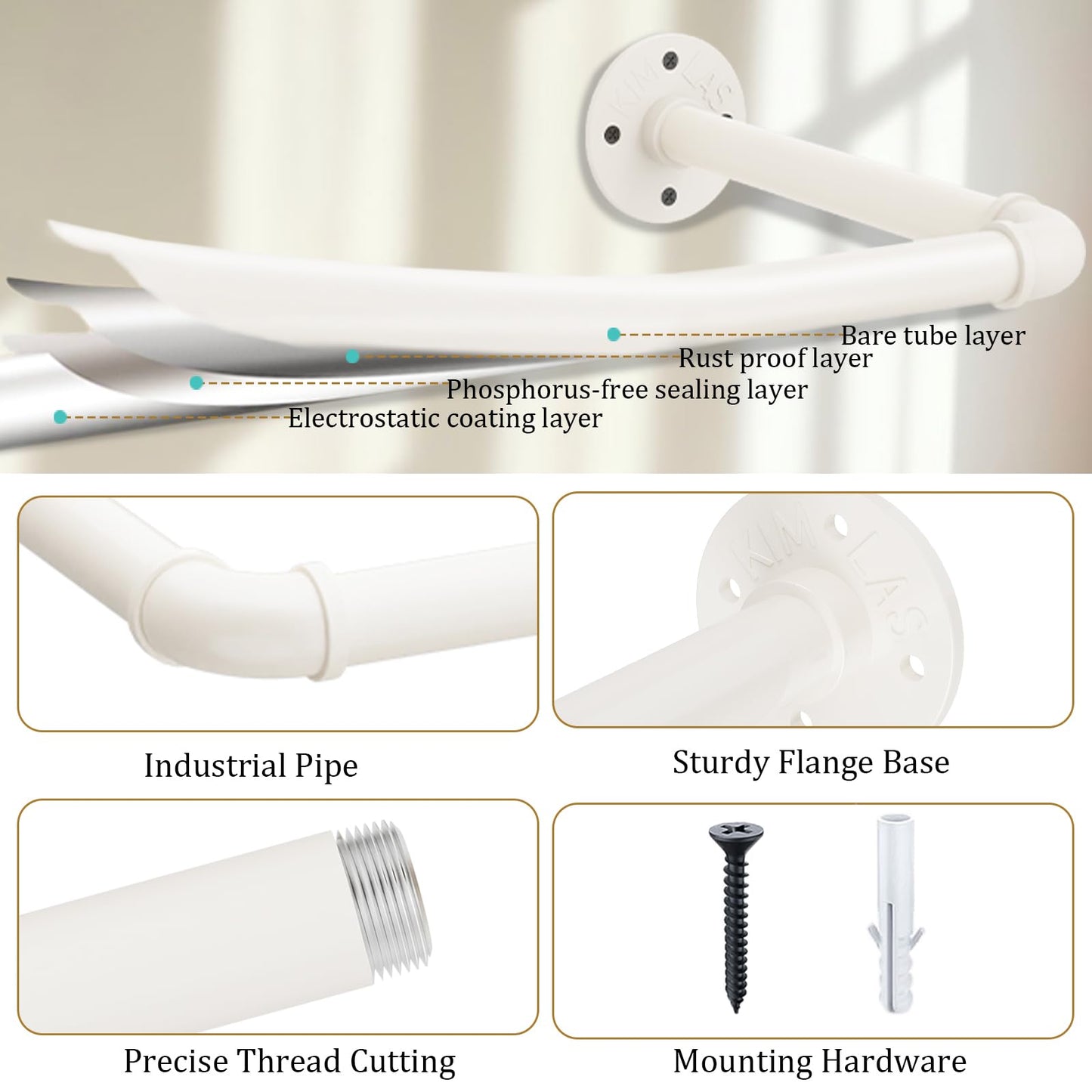 Yawinhe industrial pipe clothing racks, 180cm wall-mounted clothes hangers, space-saving wall shelf kitchen rack with 3 bases, for business, cream color, 2-pack, YMG004W-2.