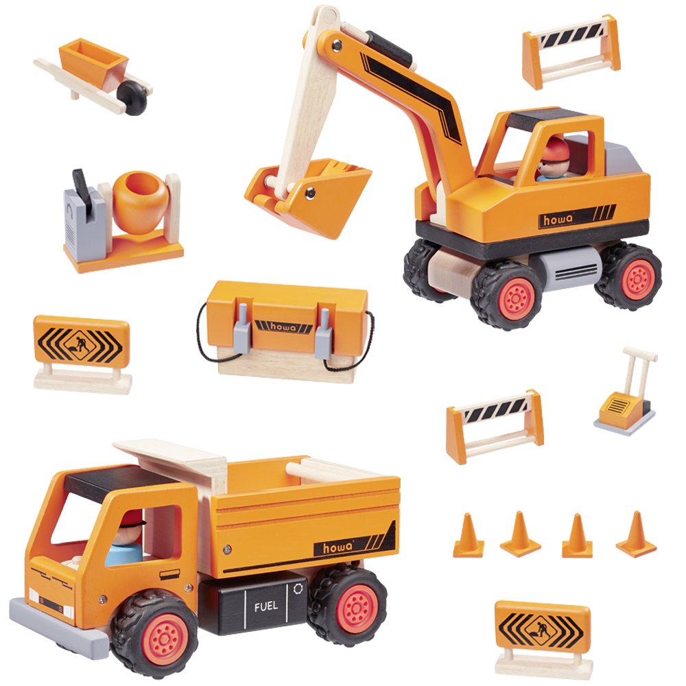 howa construction site with excavator, dump truck, and 12-piece wooden accessories for $15900.