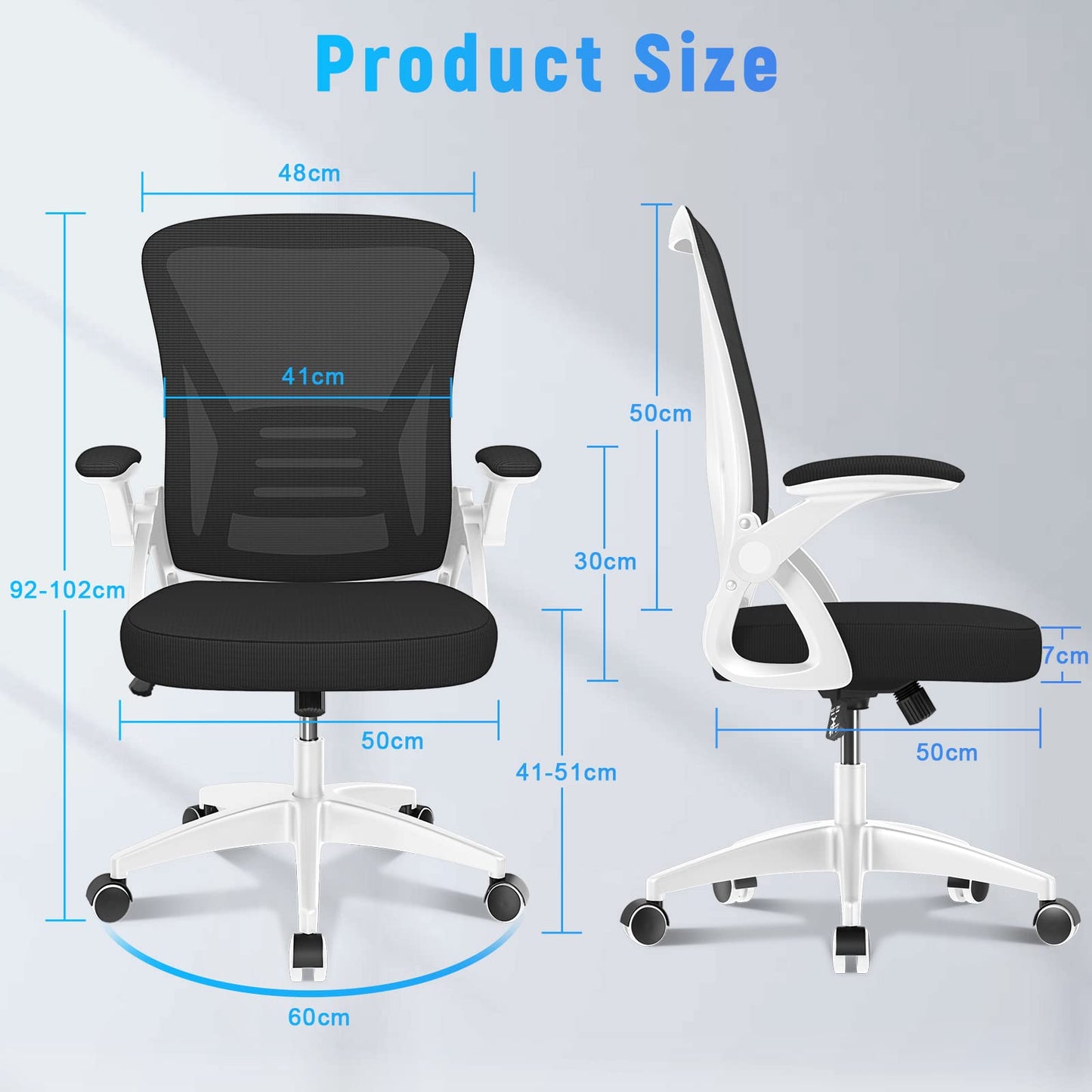 Rattan office chair with foldable armrests, ergonomic desk chair with lumbar support, height adjustable, space-saving, swivel chair for the office.