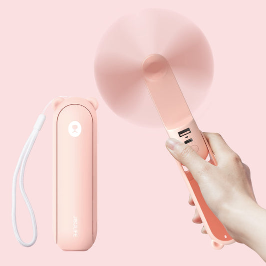 JISULIFE Handheld Fan Mini Fan 3 IN 1, with 4500 mAh Power bank USB Battery Small, Battery-operated Max 37Hrs Runtime Portable Fan, Flashlight Function-Pink