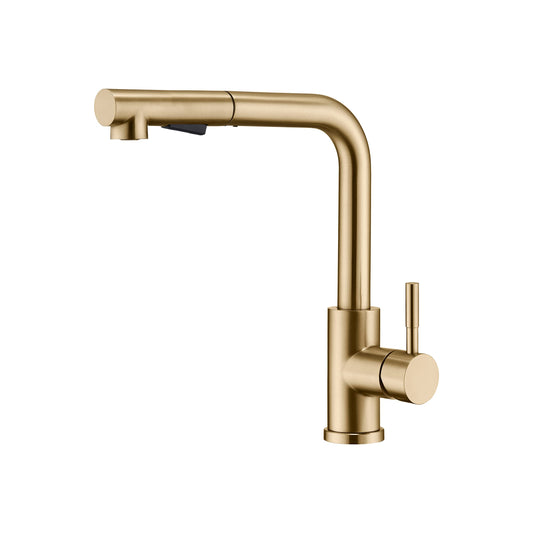 KINSE kitchen faucet with pull-out spray, stainless steel sink faucet kitchen, 2 spray modes, 360° swivel, brushed gold.