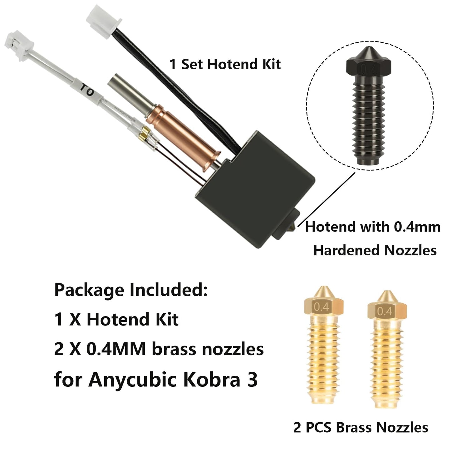 LANKEGU Hotend Kit for Anycubic Kobra 3, 3D printer, assembled heating block, print head, hot end kit with 2 pieces of 0.4mm brass nozzle for Kobra 3, Kobra 3 Combo