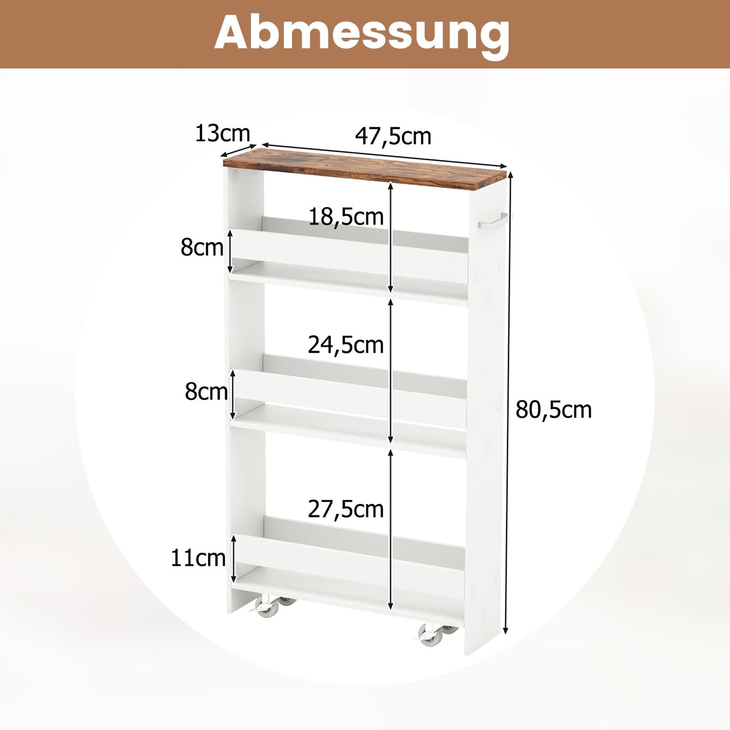 GIANTEX 13cm wide niche shelf, kitchen shelf kitchen cabinet kitchen trolley, niche cabinet niche trolley on wheels, bathroom shelf rolling cart wood 4 tiers, slim shelf for kitchen, 47.5 x 13 x 80.5 cm