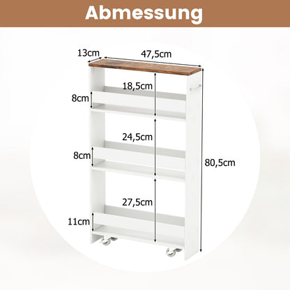 GIANTEX 13cm wide niche shelf, kitchen shelf kitchen cabinet kitchen trolley, niche cabinet niche trolley on wheels, bathroom shelf rolling cart wood 4 tiers, slim shelf for kitchen, 47.5 x 13 x 80.5 cm