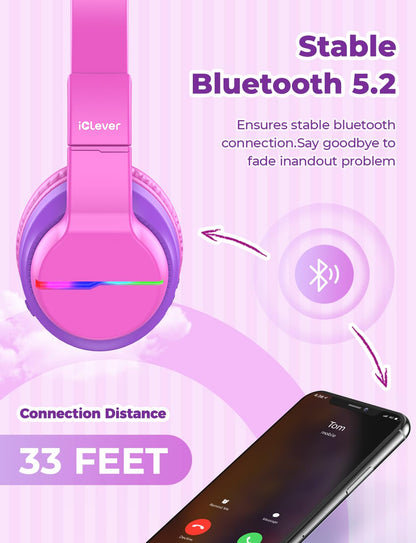 iClever Bluetooth Kids Headphones, Colorful LED Lights, Over-Ear Children's Headphones with 74/85dBA Volume Limit, 85 Hours of Playtime, Bluetooth 5.2, Built-in Microphone BTH12