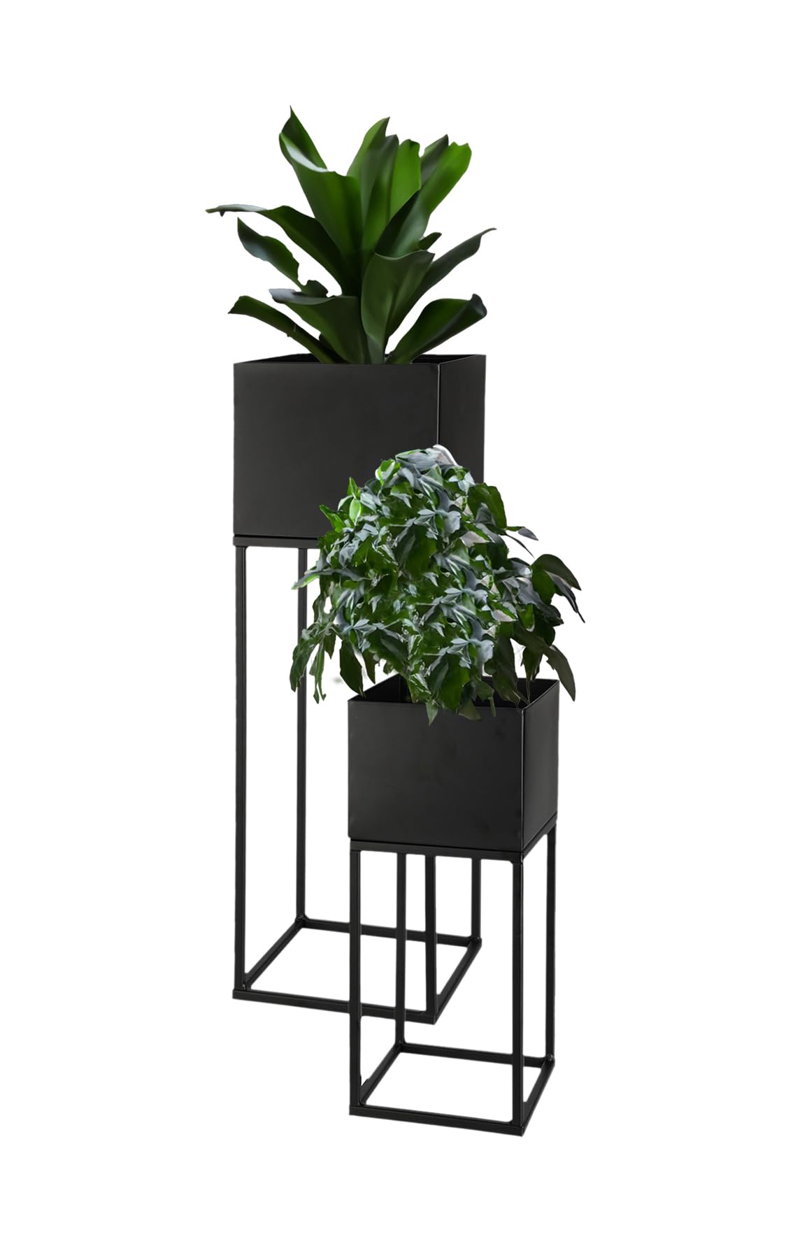 Spetebo Metal Flower Pot Stand 2 Piece Set in black for outdoors - 58/37 cm - Garden plant column with integrated planter - Flower stool flower ladder plant stand pot holder weatherproof.