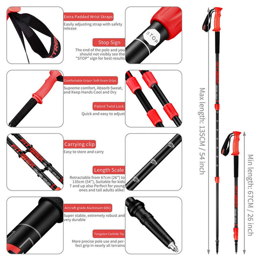 FitTrek hiking poles - trekking poles - walking sticks telescopic - Nordic walking sticks adjustable lightweight for women, men, and children with rubber buffers, pads, and carrying bag.