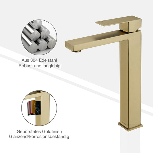 DETBOM Bathroom Faucet Gold, High Basin Faucet made of stainless steel, High spout height 250 mm, with low-noise ceramic valve core, Mixer Tap for Hot and Cold Water Adjustable