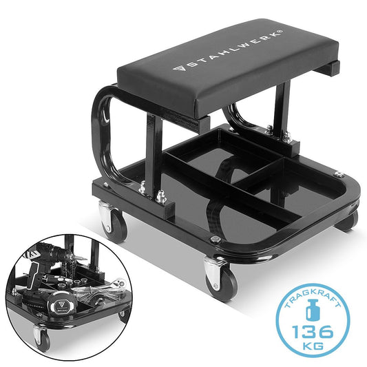 STEELWORK workshop stool WRS-35 ST with 136 kg load capacity Workshop seat | Workshop chair | Rolling stool | Work stool | Workshop rolling seat with smooth-running swivel casters and convenient storage trays