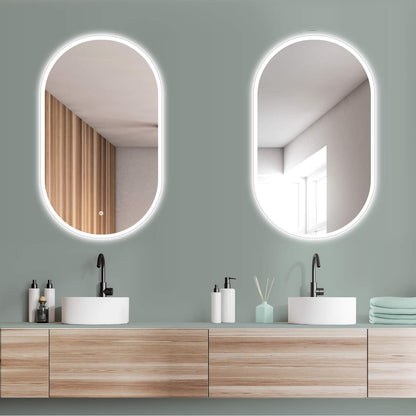 HOKO LED design mirror oval 45 x 75 cm. Can be mounted vertically or horizontally. Illuminated LED bathroom mirror, also for use as a vanity mirror. Features touch switch and adjustable LED lighting - warm white, cool white, neutral.