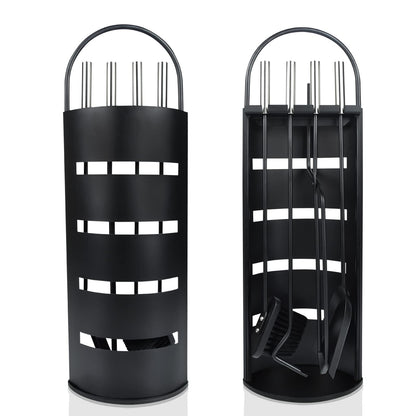 UISEBRT Fireplace Tool Set Black - Modern Stainless Steel 5-piece fireplace tool set: stainless steel stand with windshield, broom, tongs, poker, ash shovel (Black)