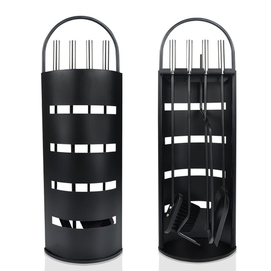 UISEBRT Fireplace Tool Set Black - Modern Stainless Steel 5-piece fireplace tool set: stainless steel stand with windshield, broom, tongs, poker, ash shovel (Black)