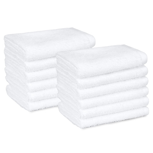 Amazon Basics face towels for bathroom, 100% cotton, highly absorbent washcloths, quick-drying, towels for beauty salon, 30 x 30 cm, 12-pack, white.
