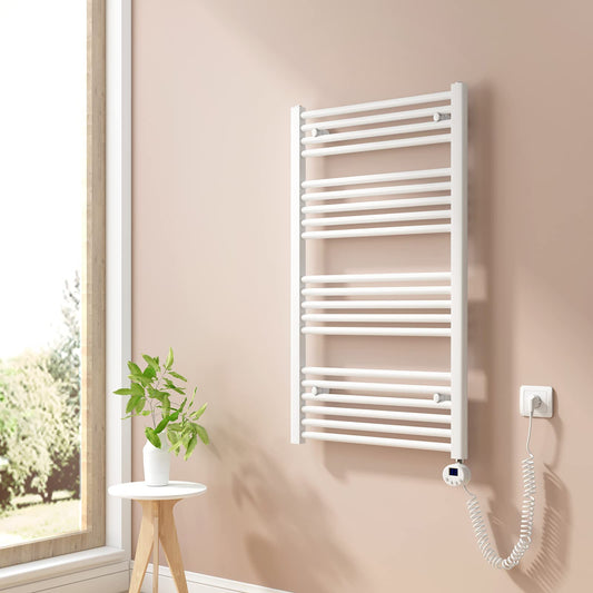 Heilmetz electric towel radiator 100x60cm with digital thermostat and timer function. Straight towel warmer in white, 500W.