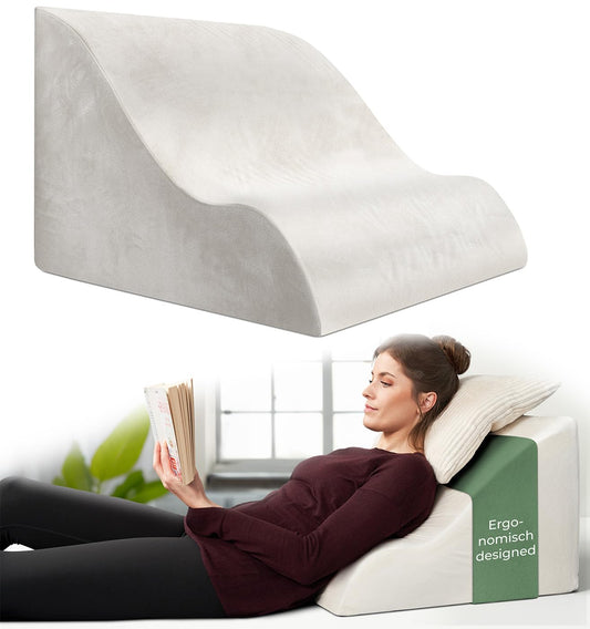 Ergonomic reading pillow for bed and sofa - comfortable back pillow with memory foam - can be used as a reflux pillow, wedge pillow for bed, bed pillow backrest while sitting and lying down, GRAY