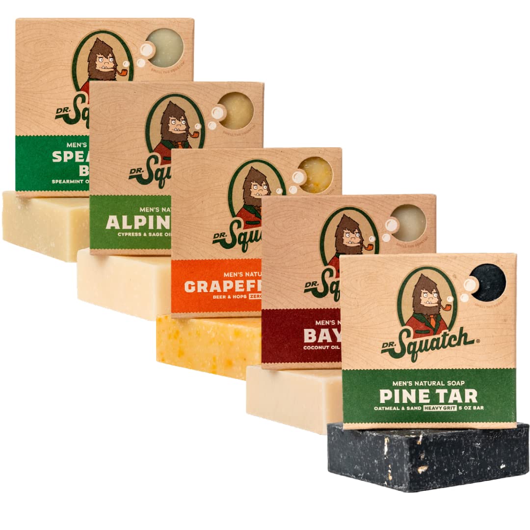 Dr. Squatch All-natural soap bars for men, 5 bar variety pack - Alpine Sage, Bay Rum, Pine Tar, Grapefruit IPA, Spearmint Basil