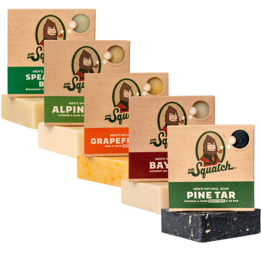 Dr. Squatch All-natural soap bars for men, 5 bar variety pack - Alpine Sage, Bay Rum, Pine Tar, Grapefruit IPA, Spearmint Basil
