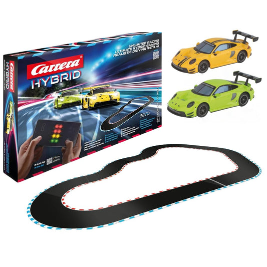 Carrera HYBRID Speedway to Hell I Racing fun of the new generation - Legendary racing cars Porsche 911 GT3 R in 1:50 scale - Hybrid technology with AI support - Control via smartphone app.