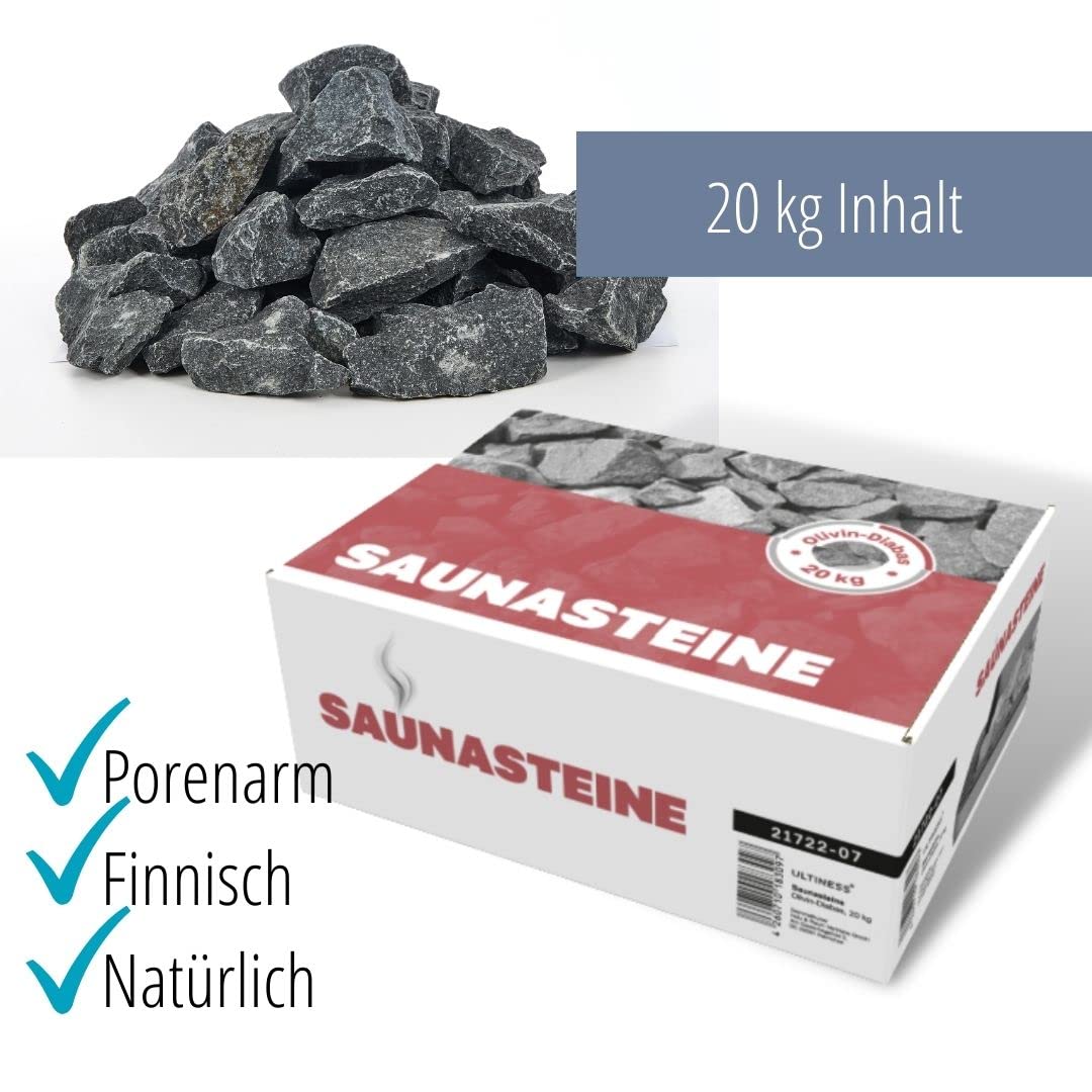 ULTINESS - Sauna stones 20 kg OLIVINE DIABASE Finnish infusion stones Steam stones for sauna stove Electric stove Wood stove Sauna accessories
