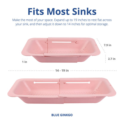 BLUE GINKGO sink strainer - wash vegetables and fruits, drain cooked noodles - retractable - kitchen utensils (20 W x 37~49 L x 7 H) cm - Pink