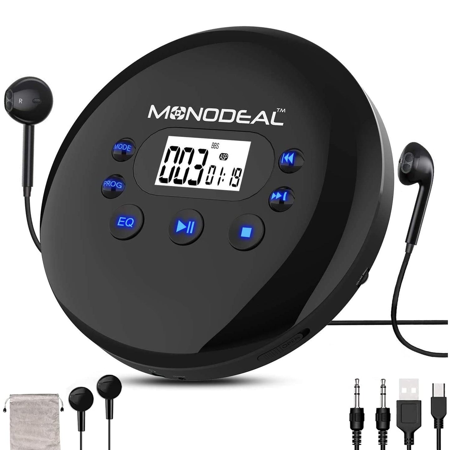 MONODEAL portable CD Player, rechargeable with headphones, Discman with LCD display, USB charging cable, AUX cable. Perfect for car, kids, students, adults.