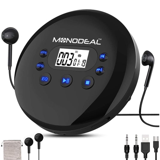 MONODEAL portable CD Player, rechargeable with headphones, Discman with LCD display, USB charging cable, AUX cable. Perfect for car, kids, students, adults.