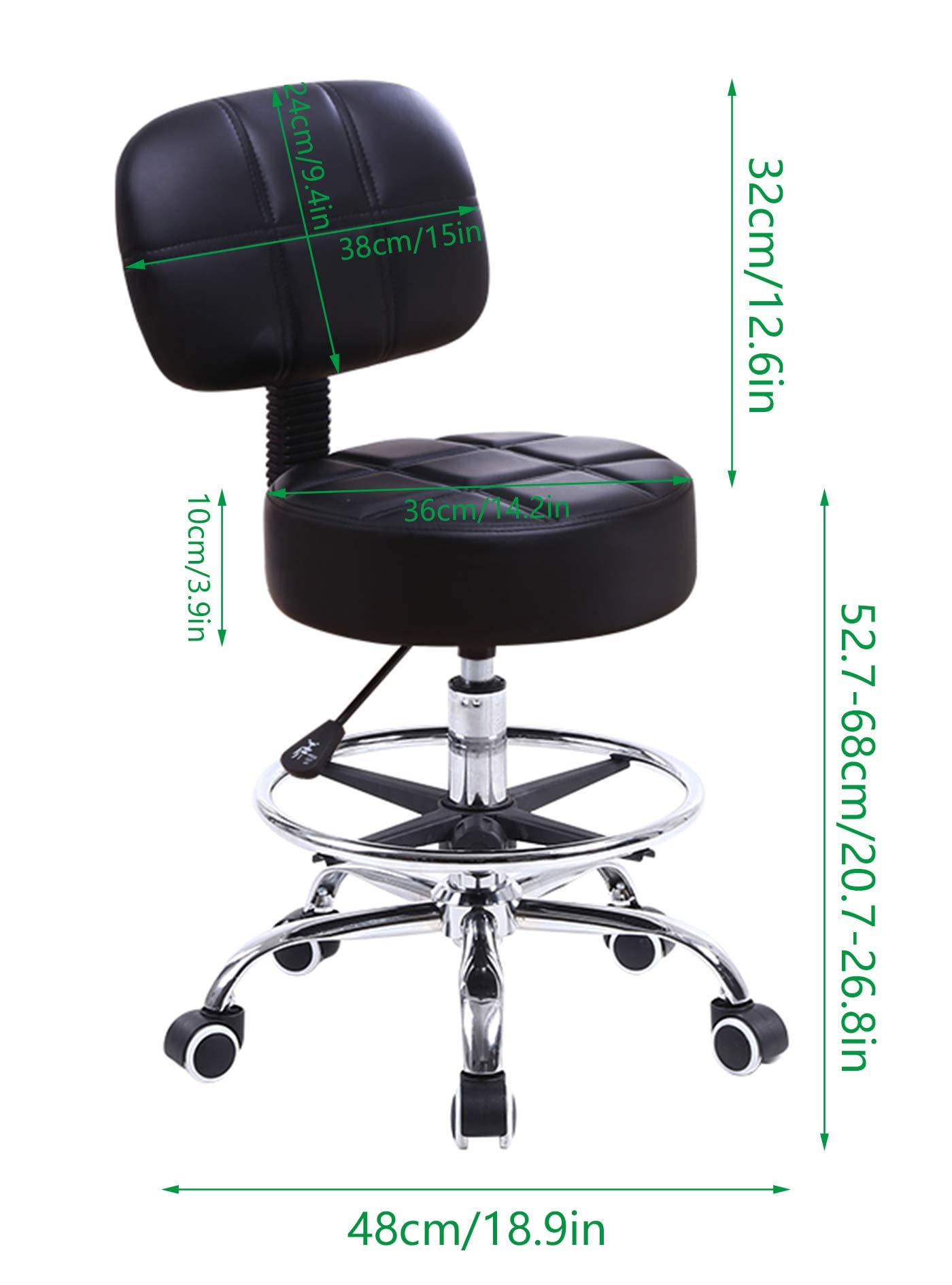 KKTONER rolling stool work stool with backrest adjustable height 53-68cm salon stool PU leather black