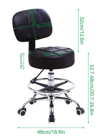 KKTONER rolling stool work stool with backrest adjustable height 53-68cm salon stool PU leather black