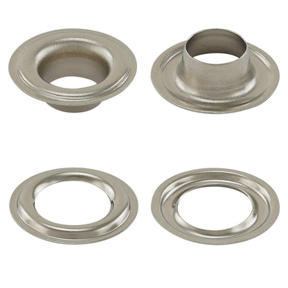 GETMORE Parts eyelet press set consisting of spring punch press + eyelet tool + 500 pieces of eyelets according to DIN 7332, brass, silver nickel-plated, 12 mm