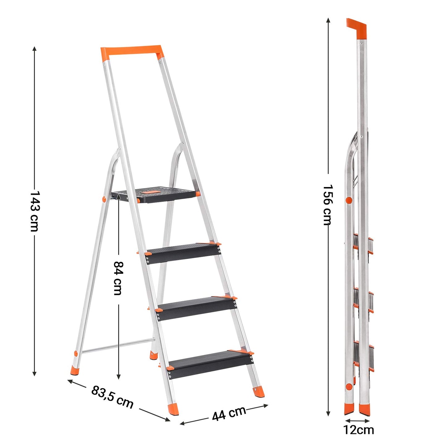 SONGMICS 4-step ladder, aluminum ladder, 12 cm wide steps with ridges, anti-slip feet, with handrail, tool tray, supports up to 150 kg, black-orange GLT04BK