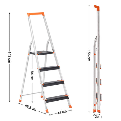 SONGMICS 4-step ladder, aluminum ladder, 12 cm wide steps with ridges, anti-slip feet, with handrail, tool tray, supports up to 150 kg, black-orange GLT04BK
