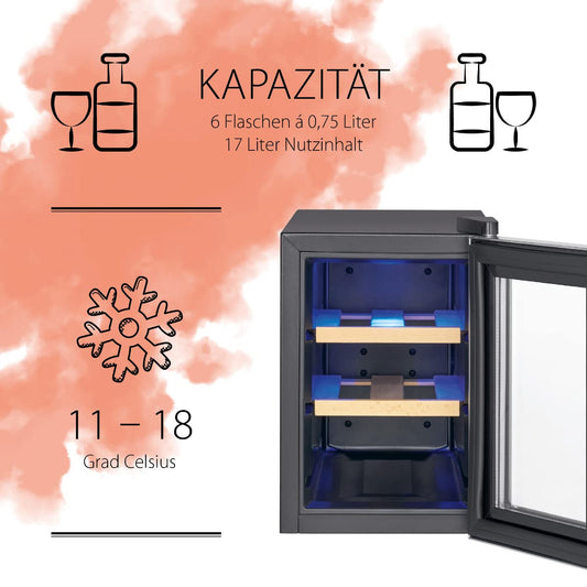 ProfiCook wine cooler | 6 bottles | beverage cooler | UV-resistant glass door | wine cooler | LED lighting | 3 storage levels - 2 of which are removable | 11-18°C | PC-WK 1231