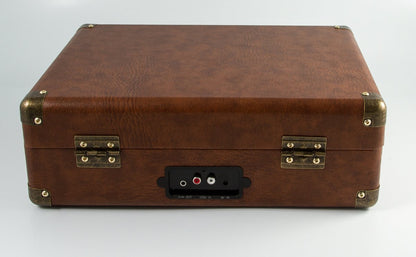 GPO Attache turntable in briefcase-style with vinyl player and built-in speakers, vintage brown.
