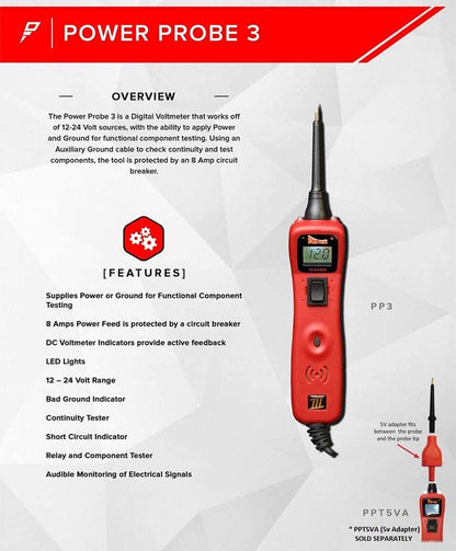 Power Probe 3 circuit tester for automotive electrical systems. A must-have tool for car mechanics and workshops. 12-24V digital multimeter. Activates components by providing power and ground. PP3CSRED.