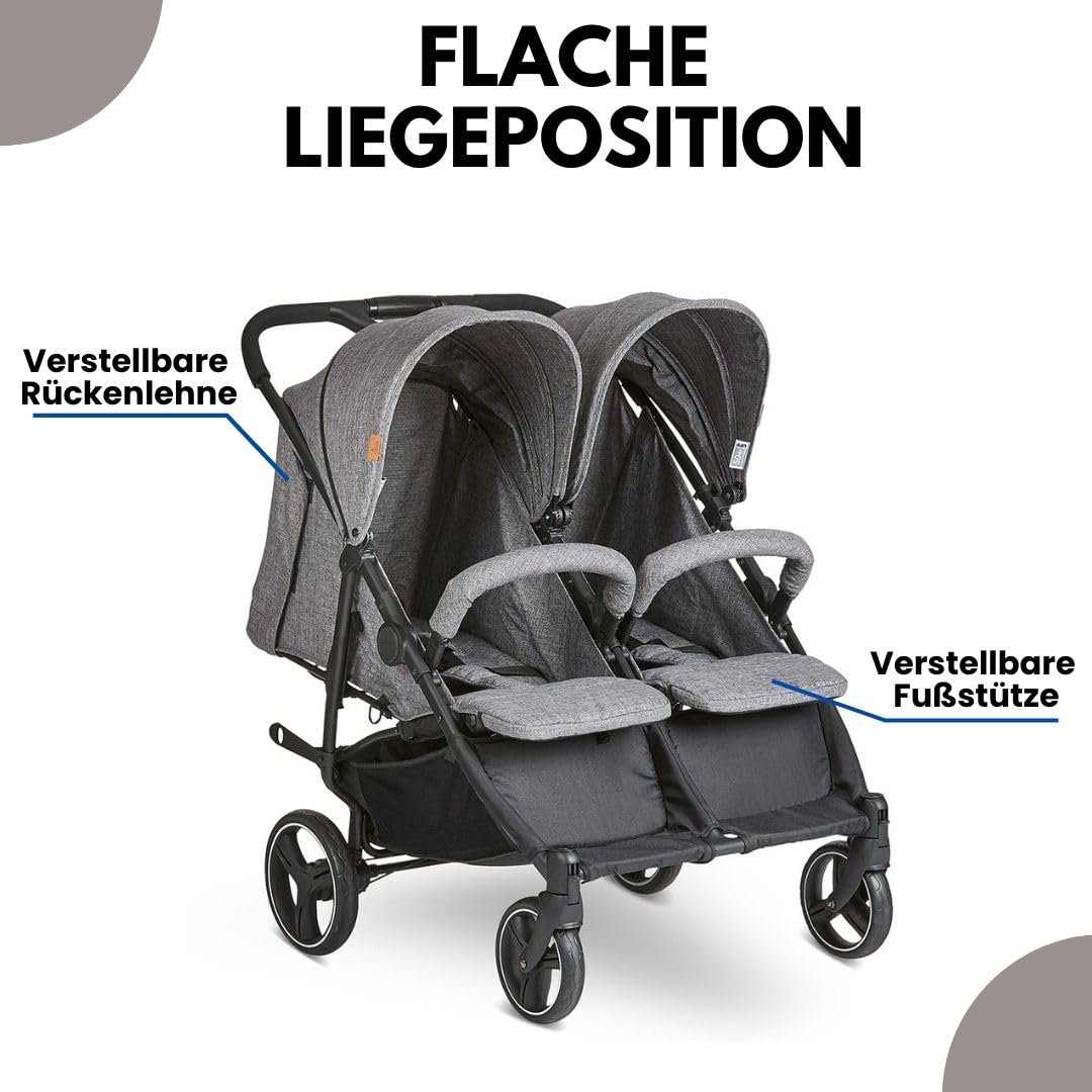 ABC Design Twin Buggy Twin Circle - lightweight and maneuverable stroller for twins with reclining function, small folding sibling stroller - Woven Graphite