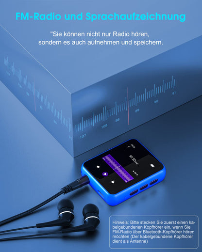 32GB MP3 Player Bluetooth 5.0 with Full Touchscreen, Lossless HiFi Music Player with Metal Casing, with FM Radio, Speaker, Line-in Recording, Support up to 128GB